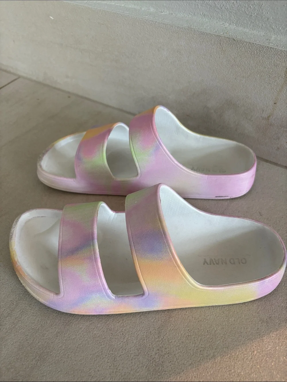 Old Navy Pastel Rainbow Double-Strap Slide Sandals - Pink/Yellow/Green